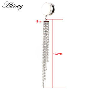 Stainless Steel Stone Tassel Zircon Ear Tunnels Plugs Gauges Piercing Jewelry