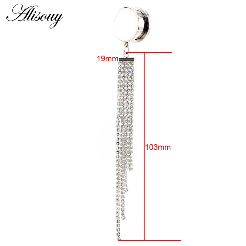 Stainless Steel Stone Tassel Zircon Ear Tunnels Plugs Gauges Piercing Jewelry