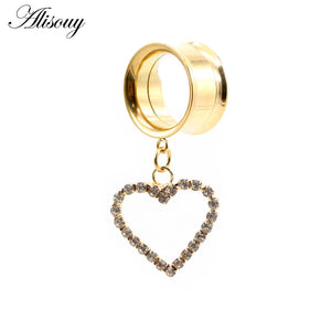 Stainless Steel Zircon CZ Heart Dangle Ear Plugs Gauges