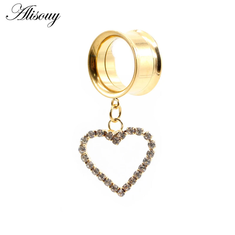 Stainless Steel Zircon CZ Heart Dangle Ear Plugs Gauges