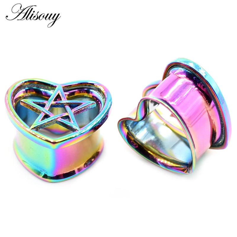 Rainbow Stainless Steel Heart Star Ear Plugs Tunnels Gauges Earrings