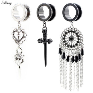 2PCS Stainless Steel Cross Heart Sword Tassel Skull Ear Plugs