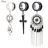 2PCS Stainless Steel Cross Heart Sword Tassel Skull Ear Plugs