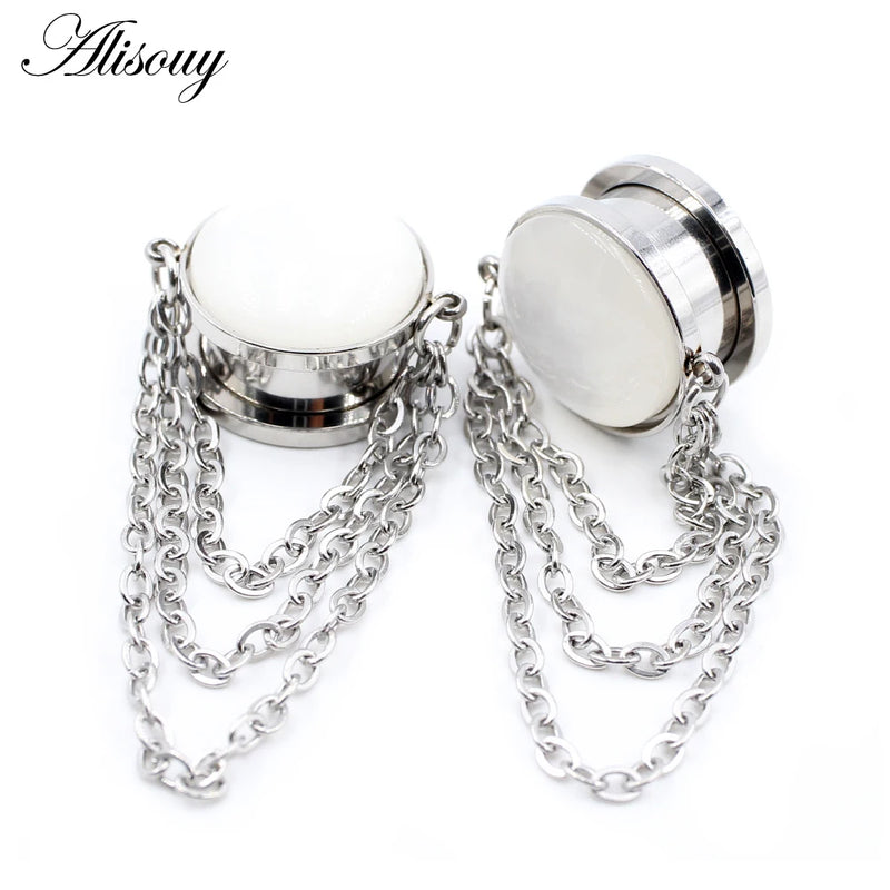 Stainless Steel Opal Stone Pendant Ear Plugs Tunnels Expander Gauges Pierc