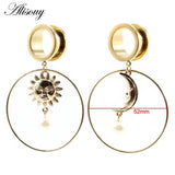 2PCS Stainless Steel Sun Moon Pendant Ear Plug Tunnel Gauges Piercing