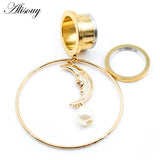 2PCS Stainless Steel Sun Moon Pendant Ear Plug Tunnel Gauges Piercing