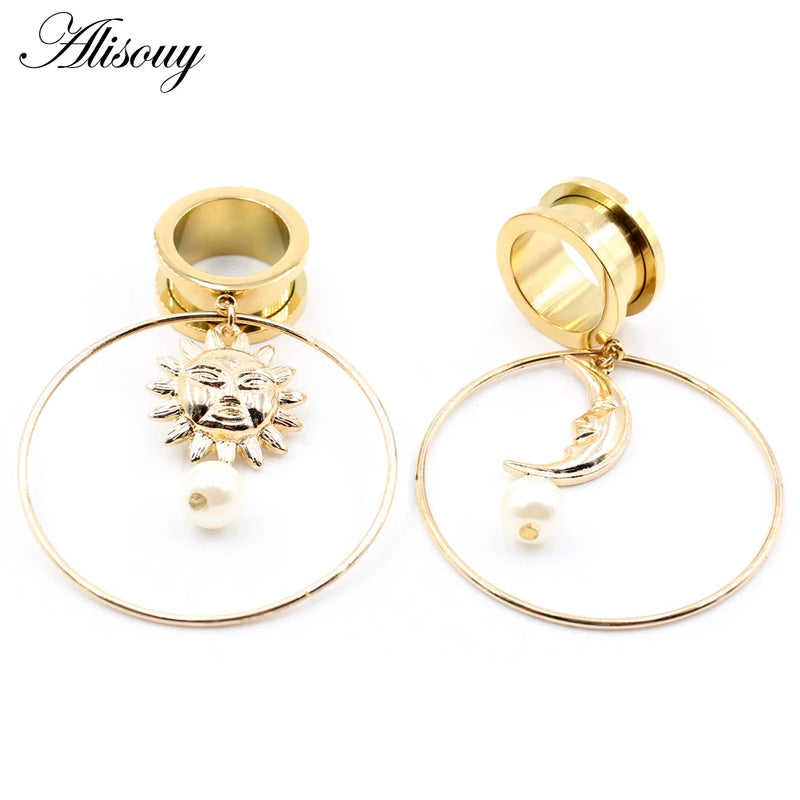 2PCS Stainless Steel Sun Moon Pendant Ear Plug Tunnel Gauges Piercing