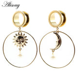 2PCS Stainless Steel Sun Moon Pendant Ear Plug Tunnel Gauges Piercing