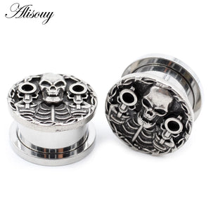 2PCS Stainless Steel Skull Pistol Skeleton Ear Plugs Tunnels Gauges Earrings