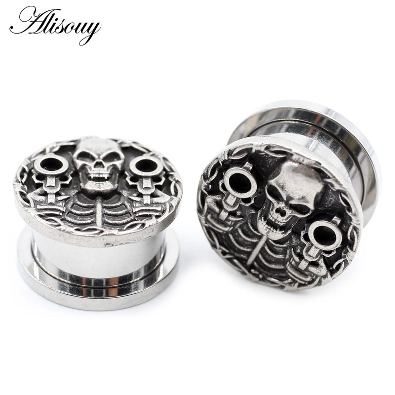 2PCS Stainless Steel Skull Pistol Skeleton Ear Plugs Tunnels Gauges Earrings