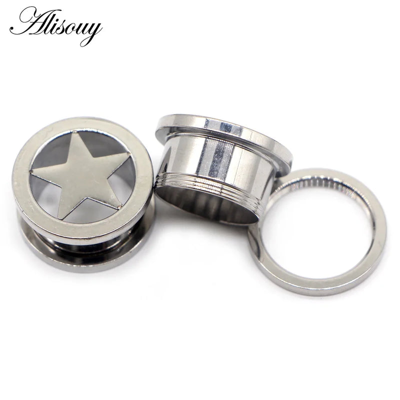 Stainless Steel Screw On Hollow Star Ear Plugs 6-25mm