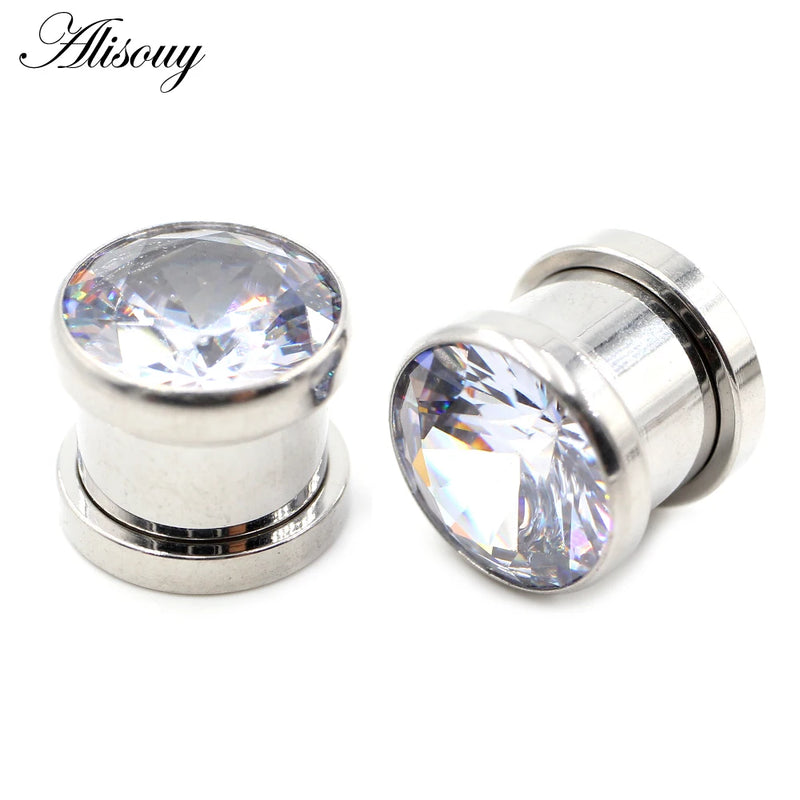 2pcs 4-16mm Stainless Steel Zircon Crystal Ear Tunnels Gauges Body Piercing