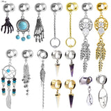2pcs 6-25mm Stainless Steel Feather Dangle Ear Plugs Tunnel Drop Tassel Piercing