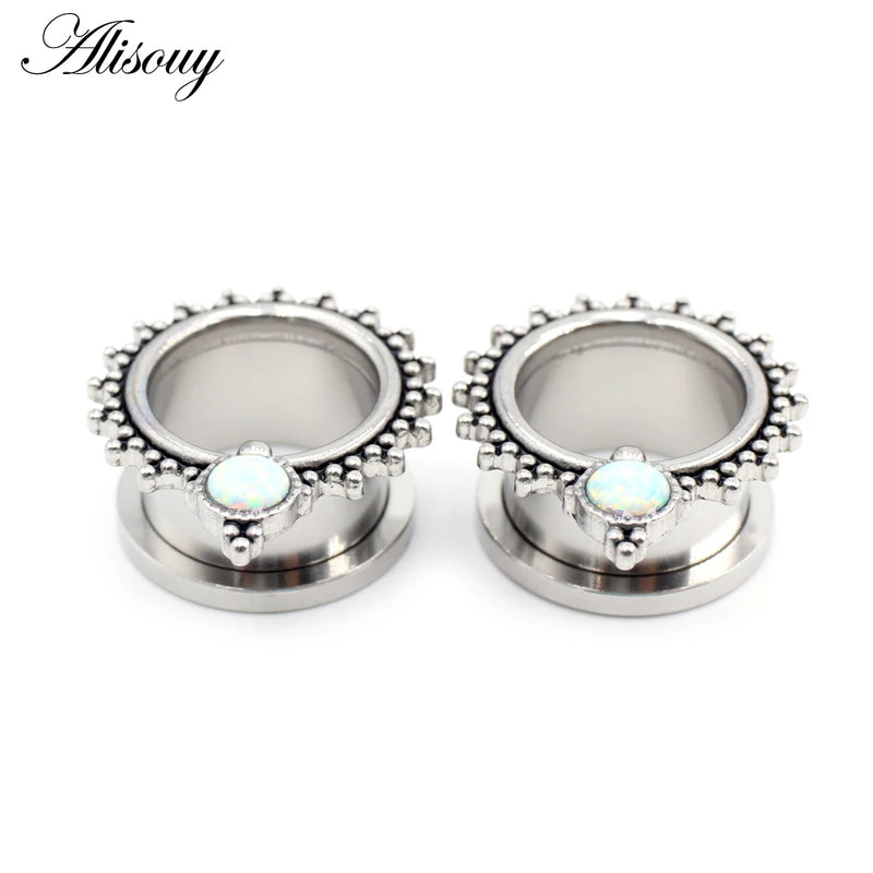 2pcs 6-25mm Opal Screw Ear Tunnels Flesh Plugs Gauges Jewelry