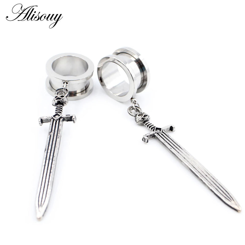2pcs Stainless Steel Cat Sword Cross Ear Tunnels Plugs