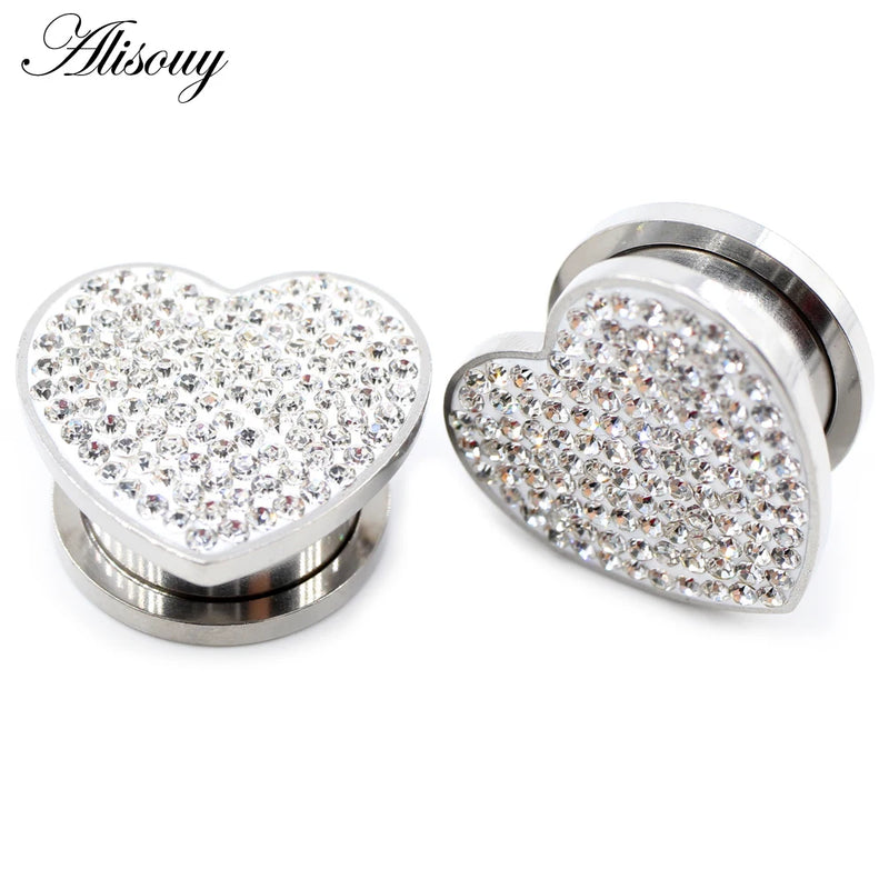 2pcs Stainless Steel Heart Zircon Crystal Ear Tunnel Plugs