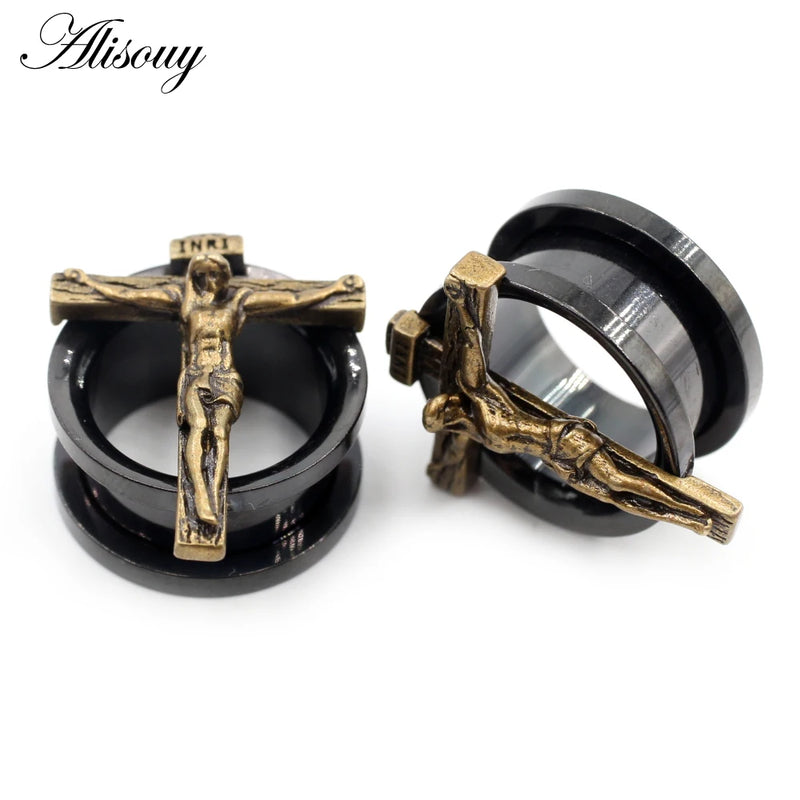 2pcs Stainless Steel Cross Jesus Ear Tunnels Plugs