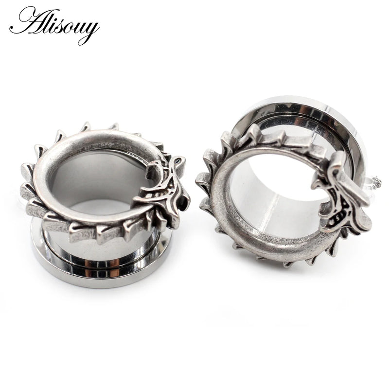 2pcs Punk Stainless Steel Dragon Pulley Ear Tunnels Plugs