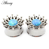2pcs Stainless Steel Opal Leaves Flower Ear Tunnels Plugs Gauges