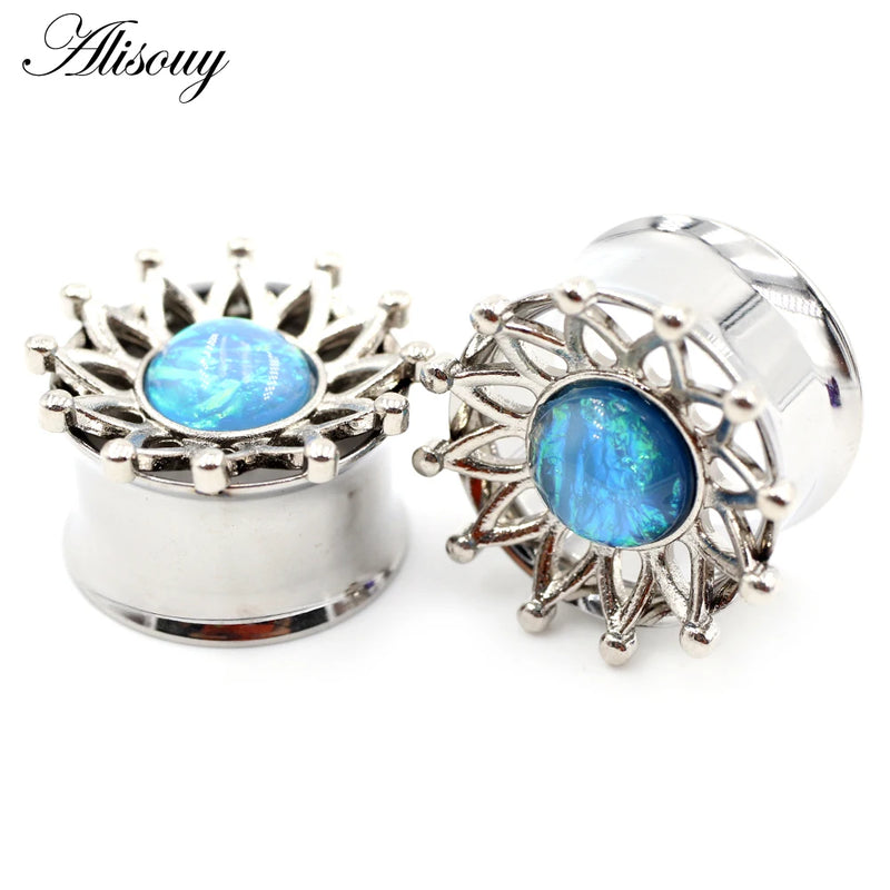 2pcs Stainless Steel Opal Leaves Flower Ear Tunnels Plugs Gauges