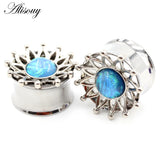 2pcs Stainless Steel Opal Leaves Flower Ear Tunnels Plugs Gauges