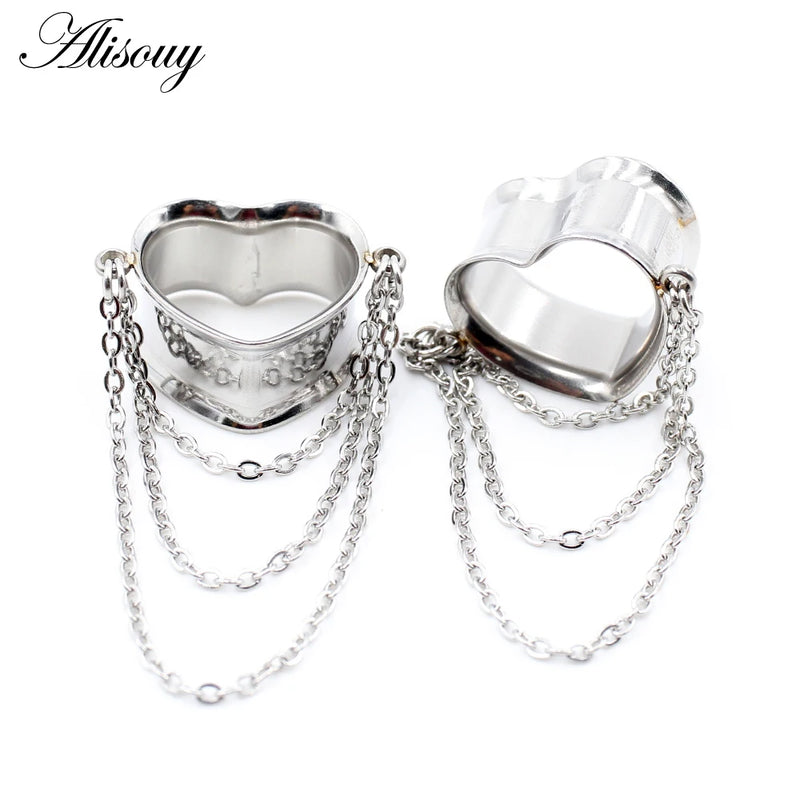 2pcs Stainless Steel Heart Chain Pendant Ear Plugs Tunnels Expander Gauges