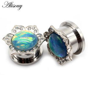 2pcs Opal Stainless Steel Ear Plugs Tunnel Stretcher