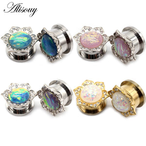 2pcs Opal Stainless Steel Ear Plugs Tunnel Stretcher