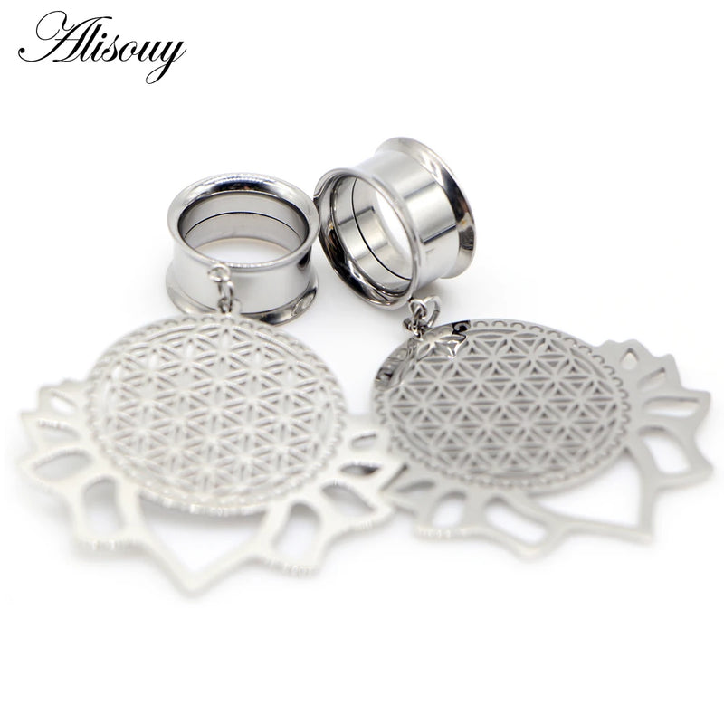 Leaf Lace Dangle Ear Plugs Stainless Steel Gauges Body Jewelry
