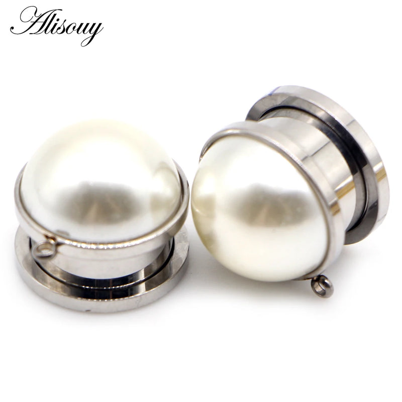 2pcs Pearl DIY Pendant Ear Plugs Gauges Stainless Steel Ear Expander Str