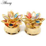 2pcs Pearl Flower Crystal Steel Ear Gauges Plugs Tunnel Expander Earrings