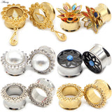 2pcs Pearl Flower Crystal Steel Ear Gauges Plugs Tunnel Expander Earrings