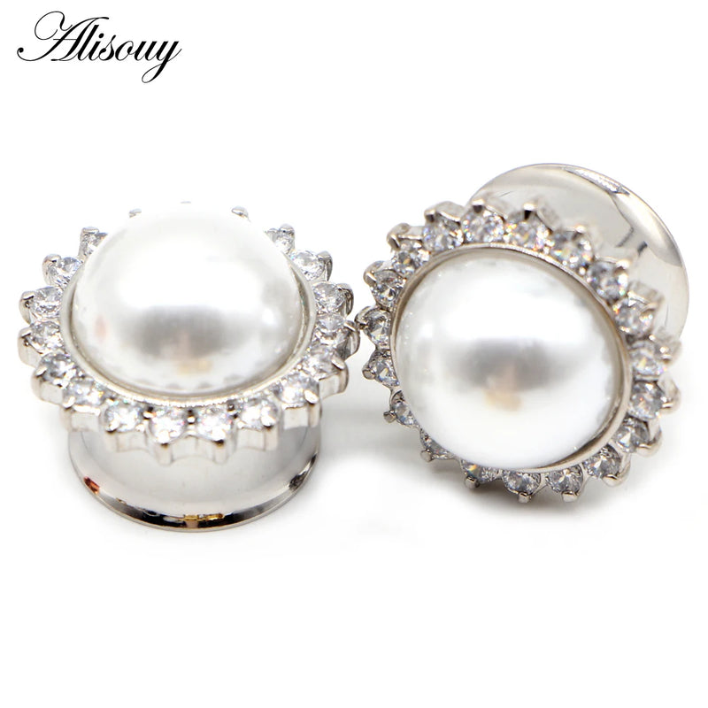 2pcs Pearl Flower Crystal Steel Ear Gauges Plugs Tunnel Expander Earrings