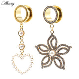 2pcs Pearl Zircon Heart Pendant Ear Tunnels Stainless Steel Plugs Body Jewelry