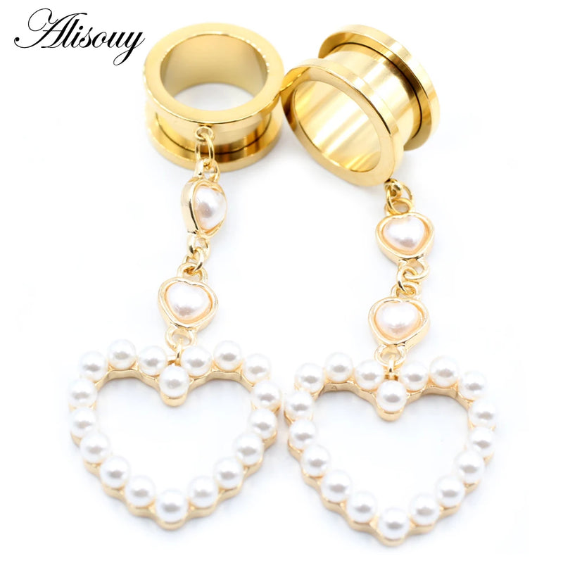 2pcs Pearl Zircon Heart Pendant Ear Tunnels Stainless Steel Plugs Body Jewelry