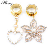 2pcs Pearl Zircon Heart Pendant Ear Tunnels Stainless Steel Plugs Body Jewelry