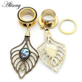 2pcs Hollow Leaf Dangle Ear Plugs Stainless Steel Tunnels Expander Body Jewelry