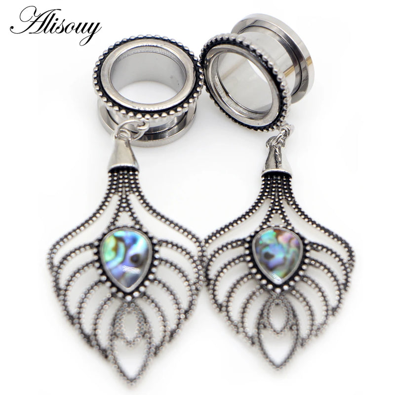 2pcs Hollow Leaf Dangle Ear Plugs Stainless Steel Tunnels Expander Body Jewelry