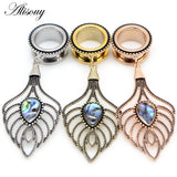 2pcs Hollow Leaf Dangle Ear Plugs Stainless Steel Tunnels Expander Body Jewelry