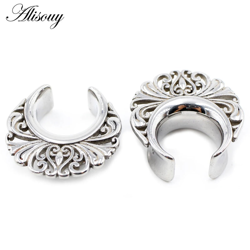 2pcs Retro Stainless Steel Flower Ear Tunnels Plugs Gauges