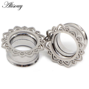 2pcs Flower Flared Ear Plugs Stainless Steel Ear Expander Gauge