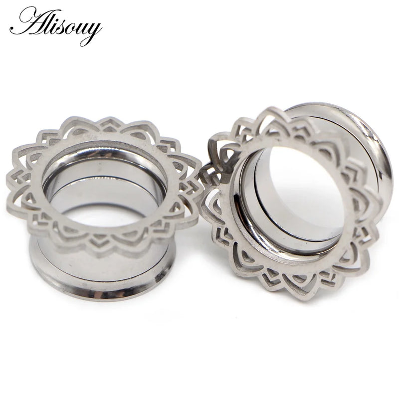 2pcs Flower Flared Ear Plugs Stainless Steel Ear Expander Gauge