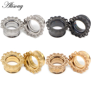 2pcs Flower Flared Ear Plugs Stainless Steel Ear Expander Gauge