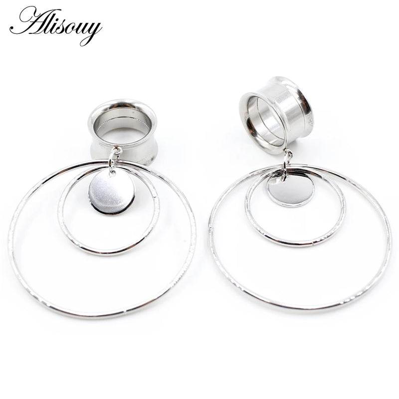 Stainless Steel Round Dangle Ear Plugs Tunnel Gauges Earrings