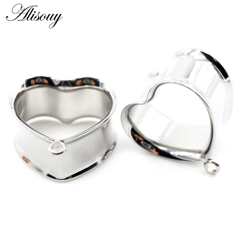 2pcs Stainless Steel Heart Pendant Ear Tunnel Plugs