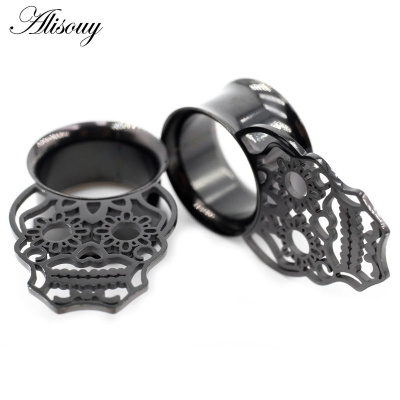 2pcs Stainless Steel Skull Ear Tunnels Plugs Gauges Body Piercing Jewelry