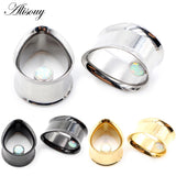 2pcs Water Drop Opal Stone Ear Tunnels Plugs Stainless Steel