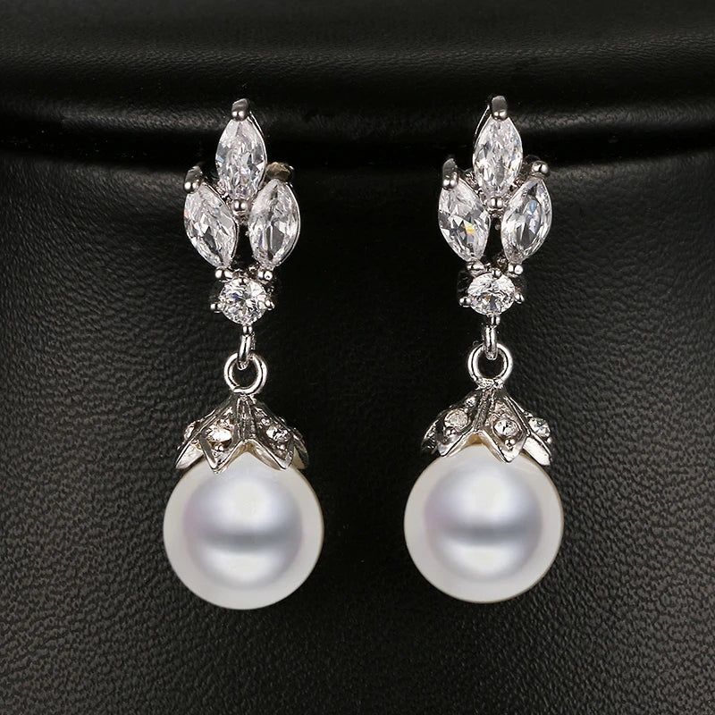 Pearl Drop Earrings with CZ Bridal Jewelry