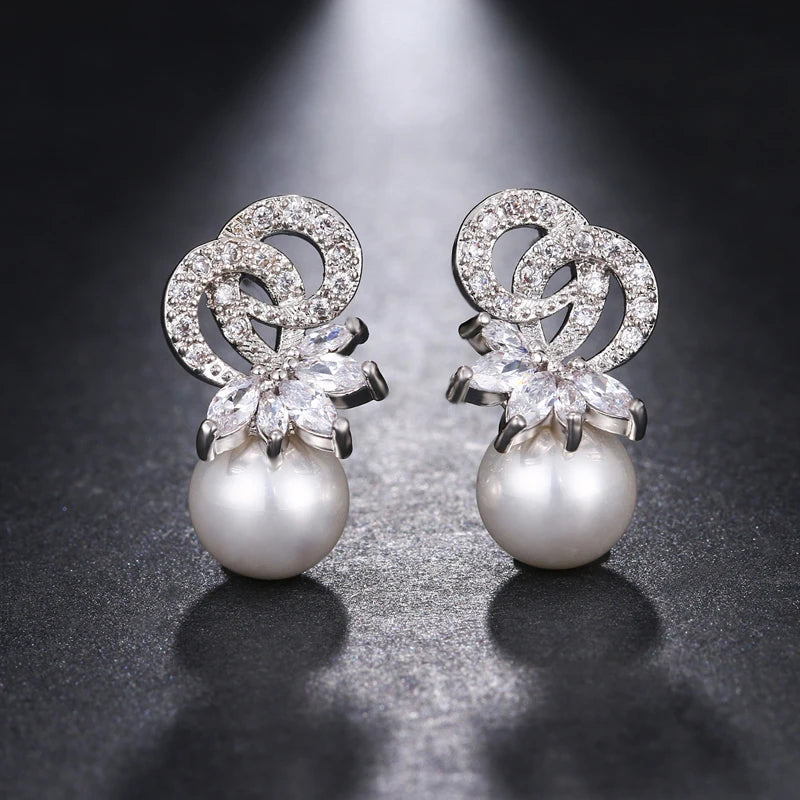 Pearl Drop Earrings with CZ Bridal Jewelry