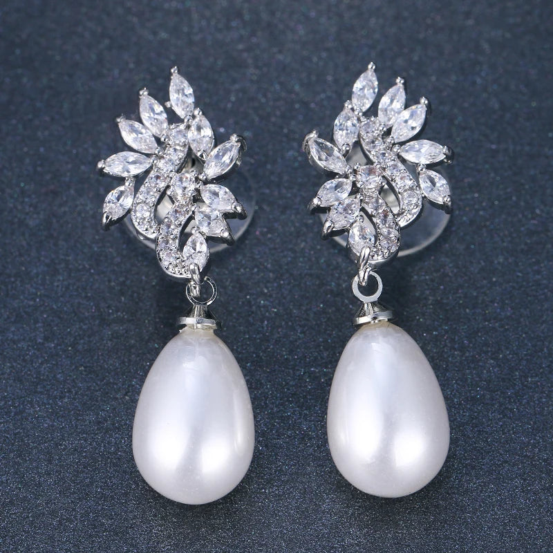 Pearl Drop Earrings with CZ Bridal Jewelry